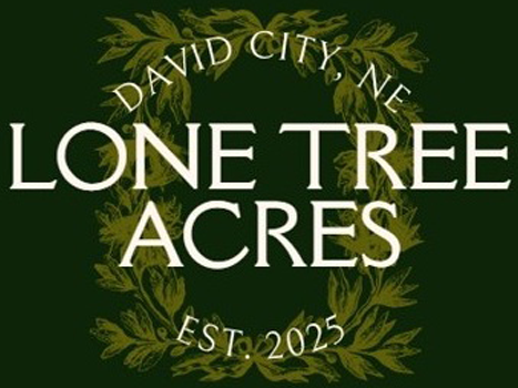 Logo of Lone Tree Acres, located in David City, Nebraska, established in 2025, featuring decorative foliage elements.