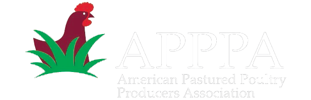 Logo of the American Pastured Poultry Producers Association (APPA) featuring a stylized chicken and green grass, representing sustainable poultry farming practices.