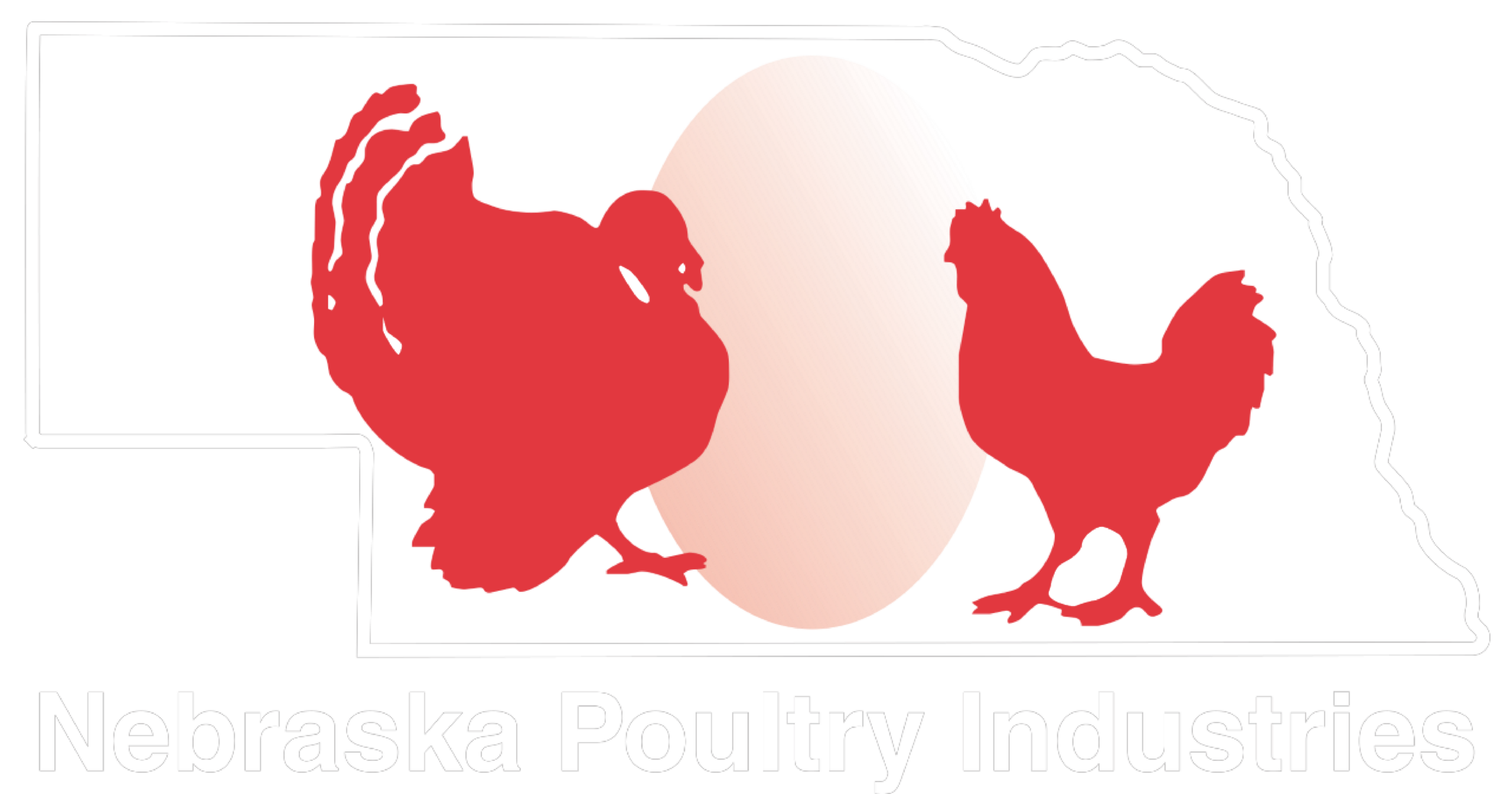 Logo of Nebraska Poultry Industries featuring a silhouette of a hen, rooster, and an egg, set against the outline of Nebraska. The design emphasizes the state's poultry industry.